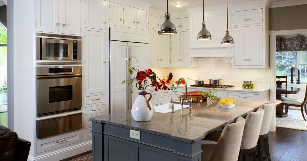 White Kitchen Cabinets With Blue Island Showplace Cabinetry