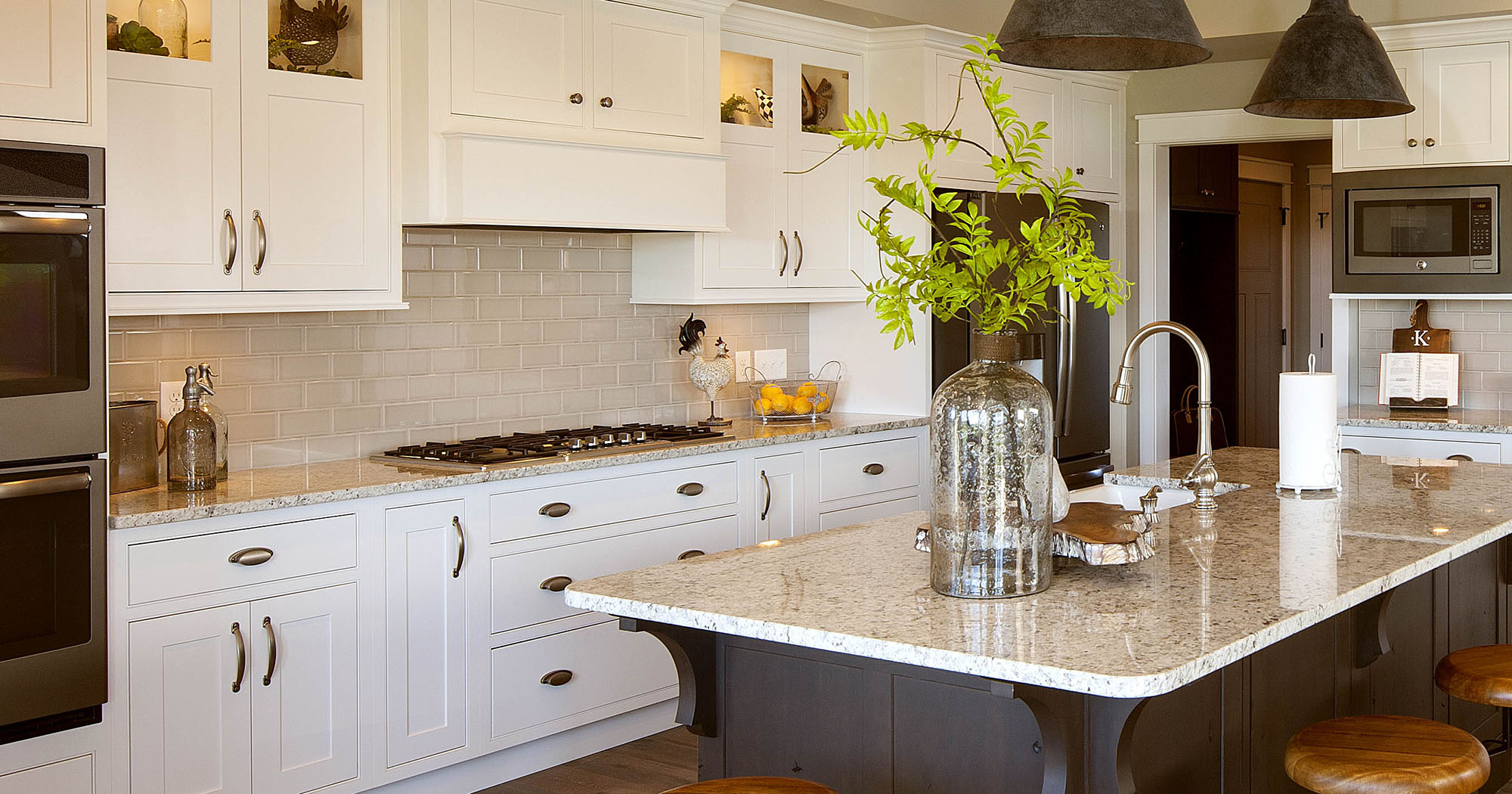 White Kitchen Cabinets with Brown Stained Island ...