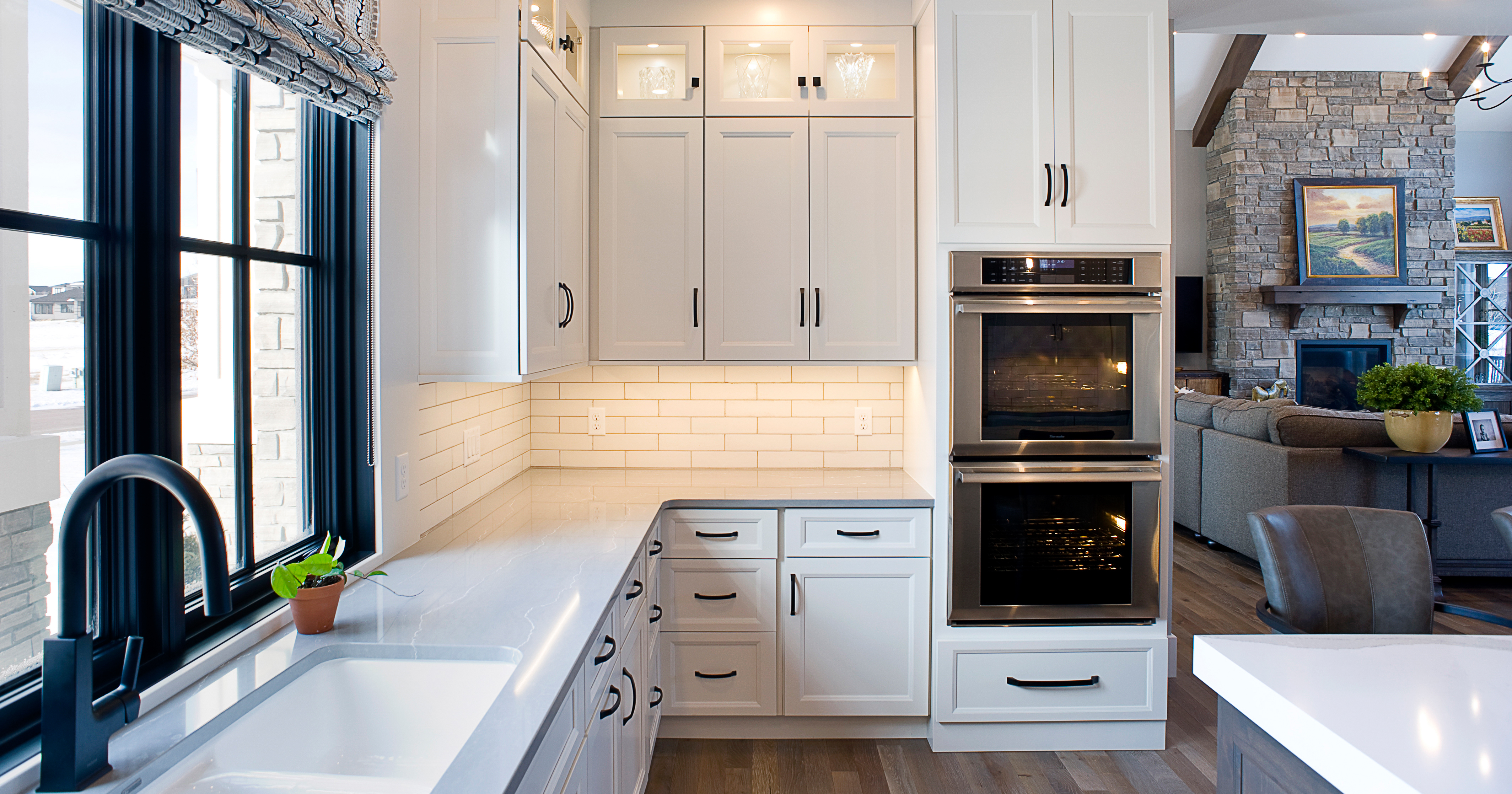 White Kitchen Cabinets With Gray Stained Island Showplace Cabinetry